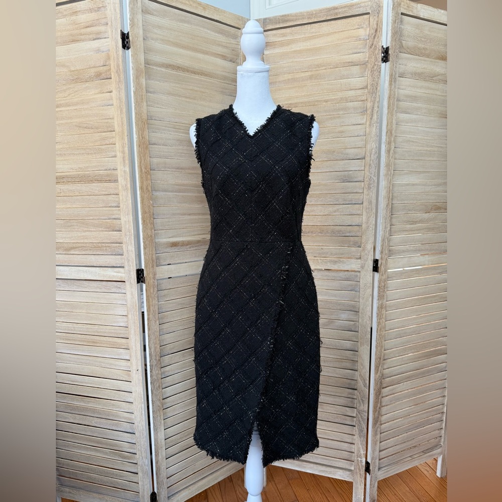 Rebecca Taylor Black Tweed Textured Raw Edge Dress office business cocktail
